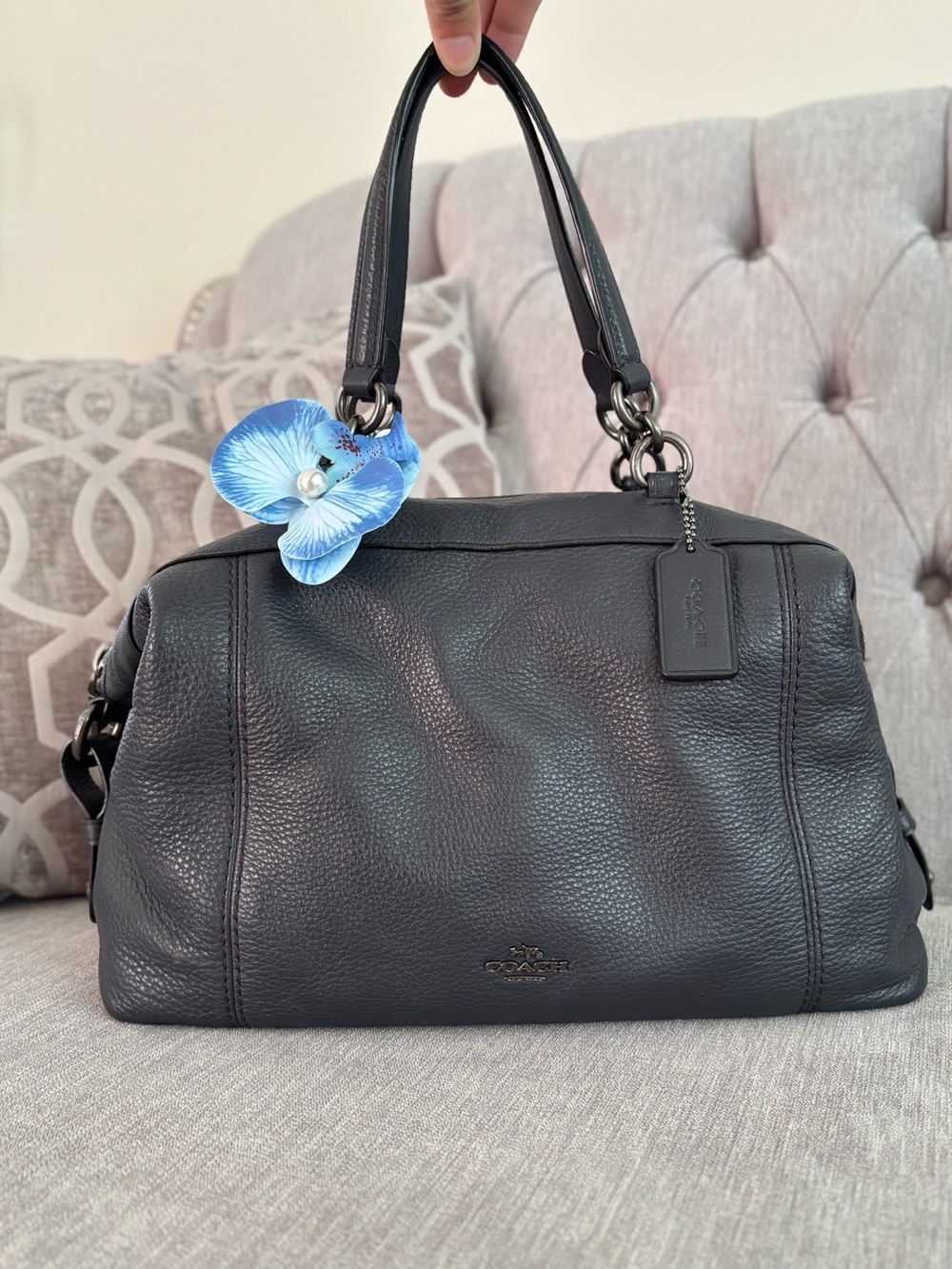 Coach Black Pebbled Leather Satchel with Blue Charm